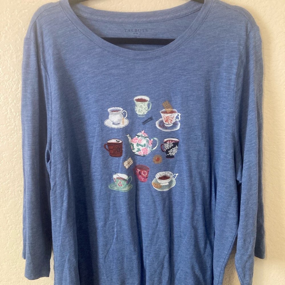 Talbots Blue Long Sleeve Tee with Coffee Cup Design